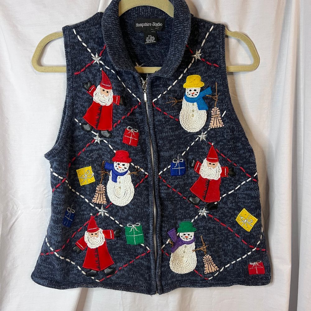Hampshire Studio VTG Navy Blue Christmas Santa‎ Snowman Zip Up Sweater Vest P/L
